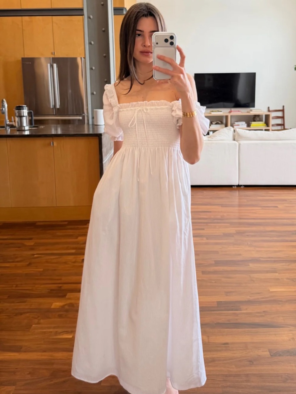 Hill House White Puff-Sleeve Smocked Maxi Dress